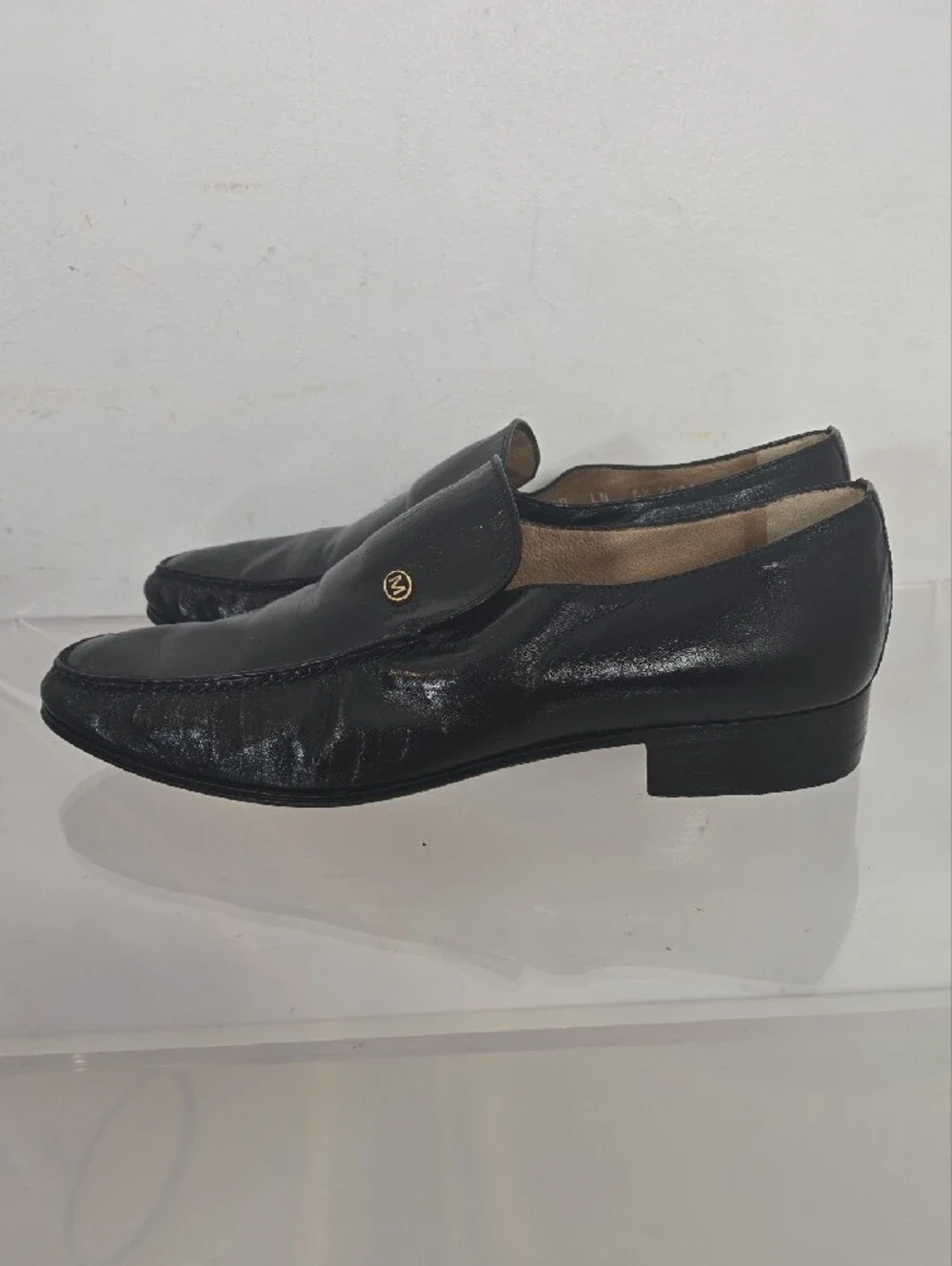 MORESCHI Black Leather Slip-On Loafers with Gold Accent